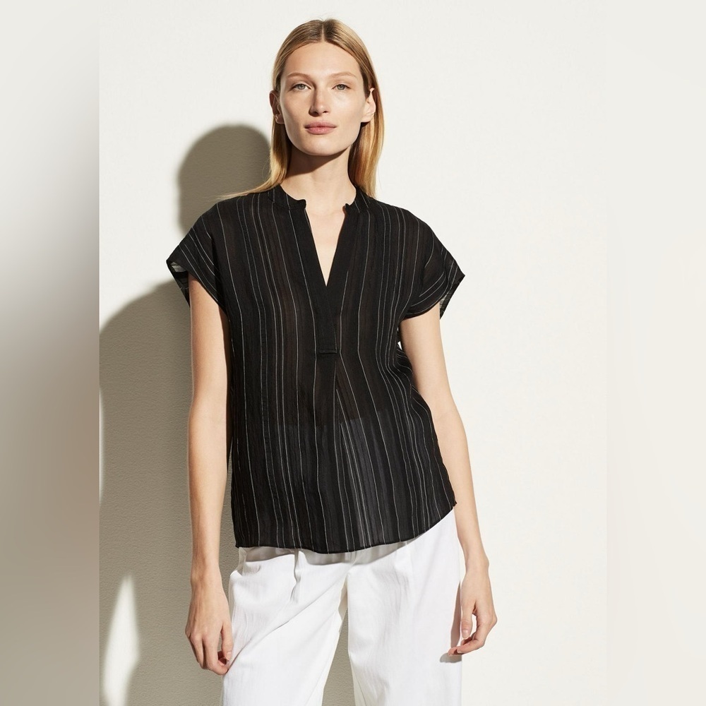 Vince Drapey Stripe Sleeveless Band Collar Popover Black Women's Size XXXL (3X)